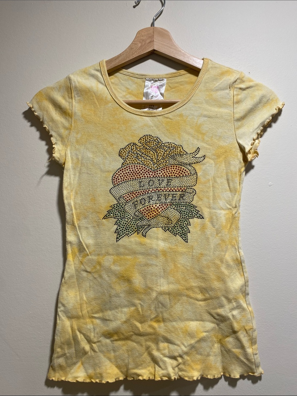 Y2K Beautees Baby Tee Yellow Short-Sleeve Rhinestone Heart Tee Love Forever M